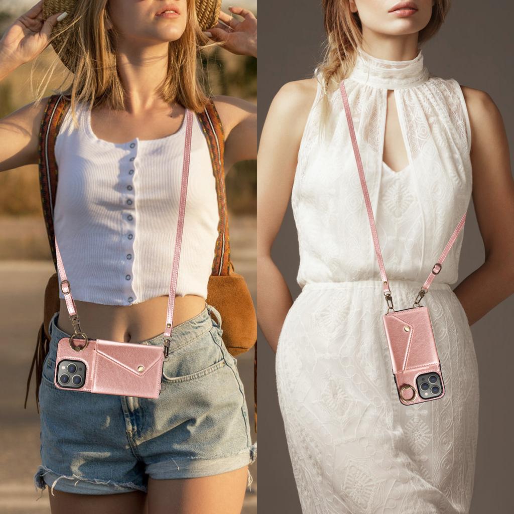 Для iPhone 15 серии. Для iPhone 15, 15 Plus, 15 Pro, 15 Pro Max плечевой ремень веревка кольцо кронштейн дизайн держатель для карт слоты личи узор чехол для телефона