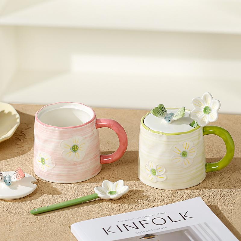 Домашний костюм, милая девушка с крышкой, ложка, маленький цветок, керамическая чашка, кружка в пасторальном стиле, высококачественная кружка для воды, офис
