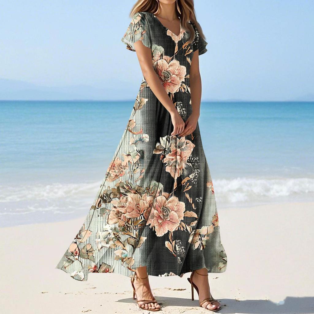 Women's Casual Fashion Print Long Dresses V-Neck Short Sleeve Dresses