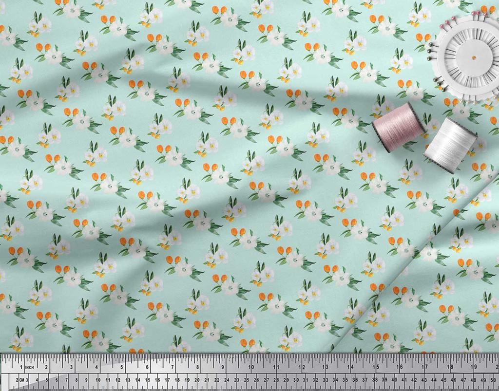 Soimoi Green Japan Crepe Satin Fabric Leaves & Anemone Floral Print Fabric by the metre 42 Inch