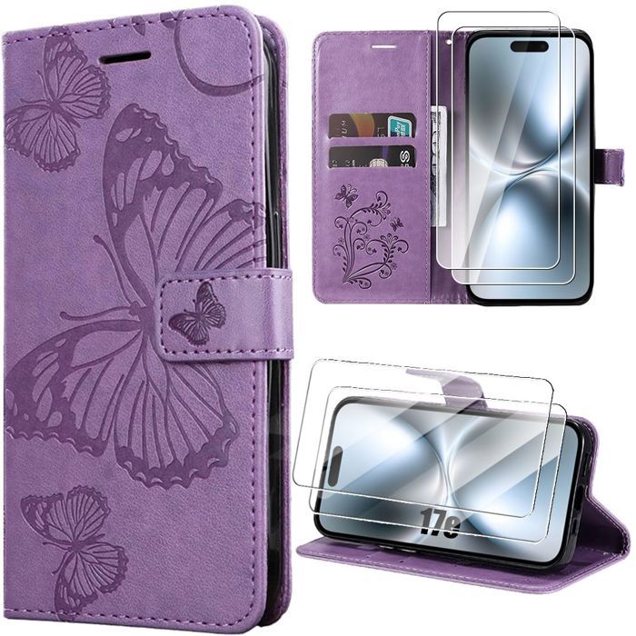 Coque + 2 Verres Trempés pour iPhone 17e, Effet Cuir Antichoc Anti-Rayures Motif Papillon Violet