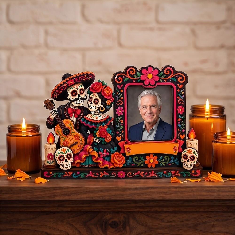 Wooden Commemorative Photo Frame Skulls Candles Mexican Fiesta Party Decor Dia De Los Muertos