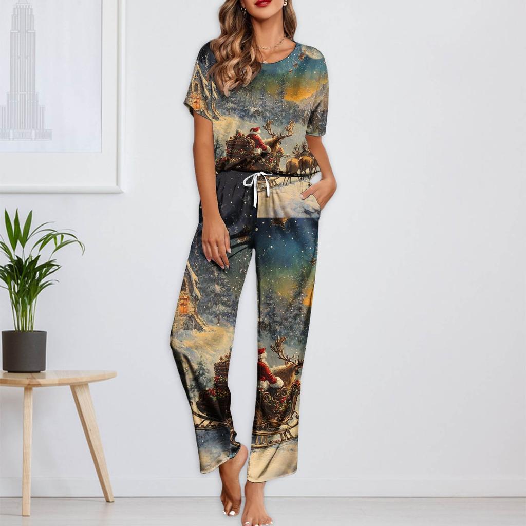 Женский шелковый атласный пижамный комплект с рождественским принтом, рубашка с коротким рукавом и длинные пижамные штаны, мягкая домашняя одежда