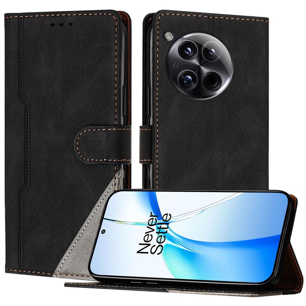 For OnePlus 12 5G Leather Case Triangle Patchwork Wallet Stand Shockproof Phone Cover
