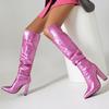 Western High Boots for Women 2024 Winter Knee High Boots Pointed Pink Blue Silver Heels Casual Long Shoes Female Large Size