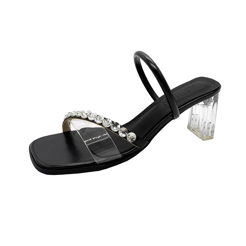 Summer Crystal Clear Band Square Slippers Women's Square Head Open Toe Fine Strap Anti-slip Wear-resistant Heels