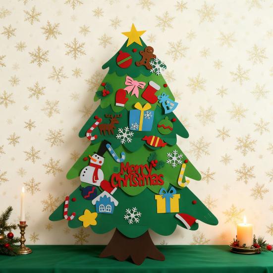 DIY Felt Christmas Tree with 5m LED Lights 3-Foot Tall Wall Hanging Decor with Detachable Ornaments Montessori Holiday Activity for Kids And Home