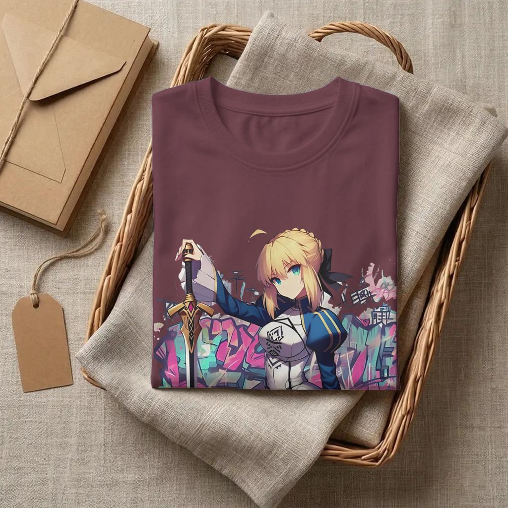 Fate Stay Night Артур Пендрагон Класс Сэйбер Футболка Унисекс Хлопковая Одежда Винтажная С Круглым Вырезом С Коротким Рукавом