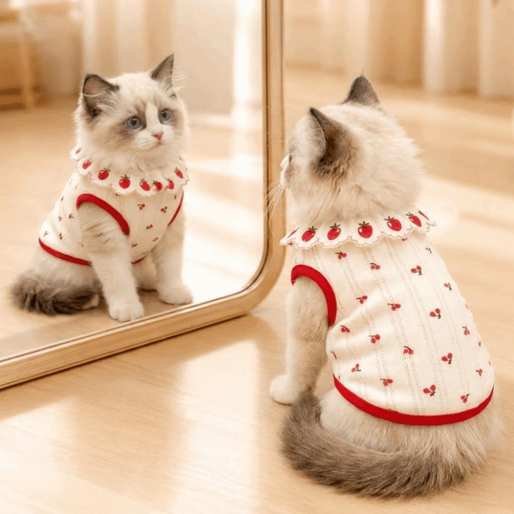 Thin Cat Pullover Cherry Pattern Pet Shirt Cute Cat Flower Edge Vest Pet Clothing