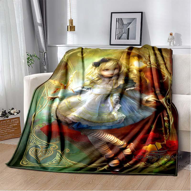 Alice in Wonderland Cartoon Print Plush Blanket, Extra Large Size, Warm and Comfortable, Suitable for Bed and Sofa Decoration.