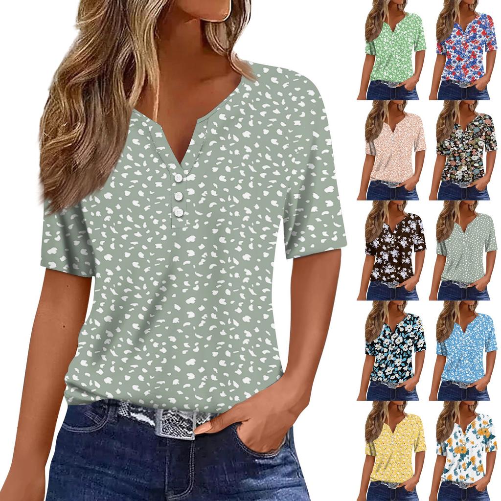 Women's T Shirt Tee Print Button Short Sleeve Daily Weekend Fashion Basic V- Neck Regular Top