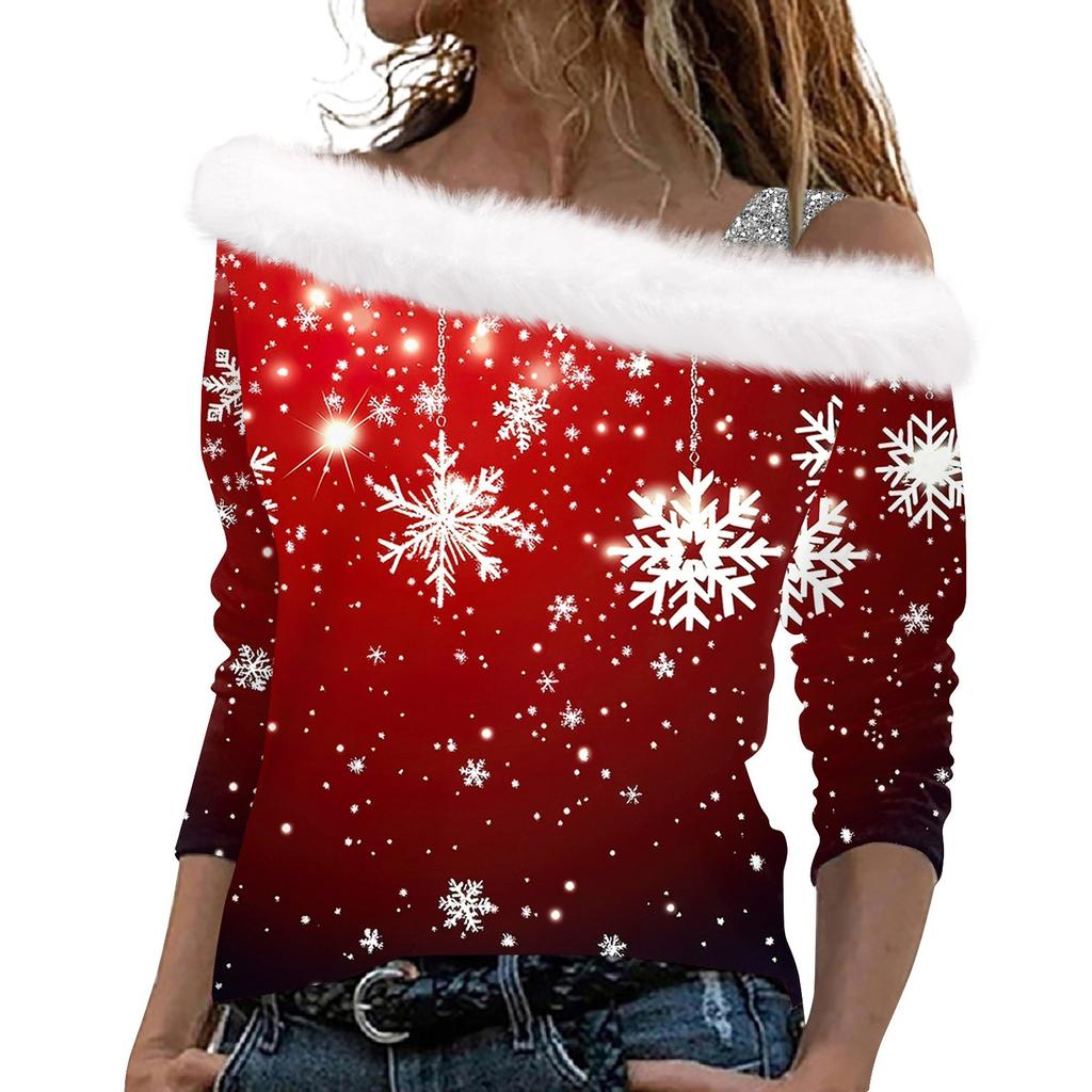 Женские топы с длинным рукавом, модные женские свободные пуловеры с рождественским принтом и открытыми плечами
