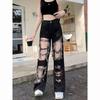 Plus Size Black High Street Ripped Jeans Women Loose Fit Straight Wide Leg Long Pants