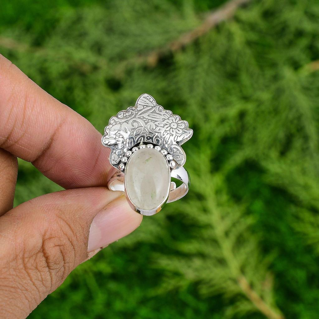 925 Silver Oval June Birth Moonstone Stone Ethnic Solitaire Bezel Ring Jewelry