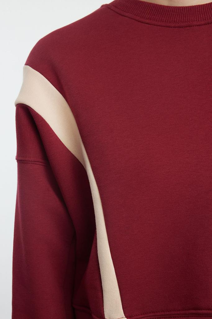 Женская модная стильная толстовка бордового красного цвета с контрастными цветами, обычная, нормального кроя, вязаная толстовка с круглым вырезом