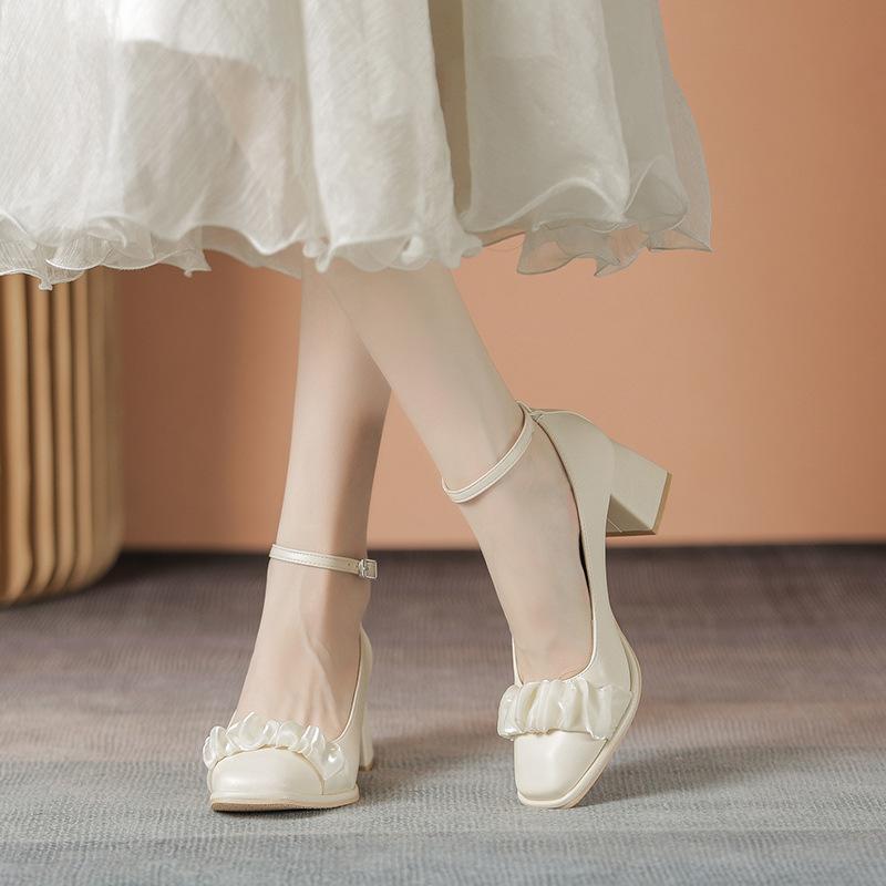 Leather flat for Huizhou women's shoes grape mother same high heels French new thick heel Mary Jane shoes women