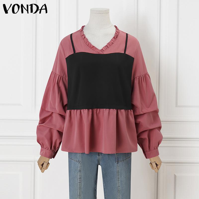 VONDA Women Casual Contrast Color Fake Two Piece V Neck Long Sleeve Blouses