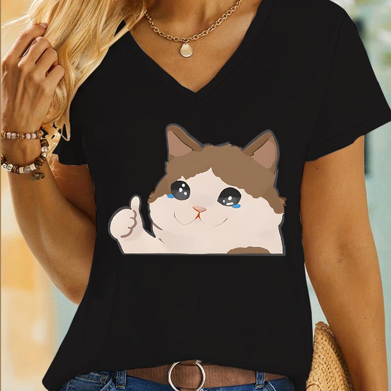Cry Cat Meme Kawaii Cartoon Tshirt Women Vneck Funny Animals Design Girls Clothing Crying Cat Print Fashion Casual Tshirts