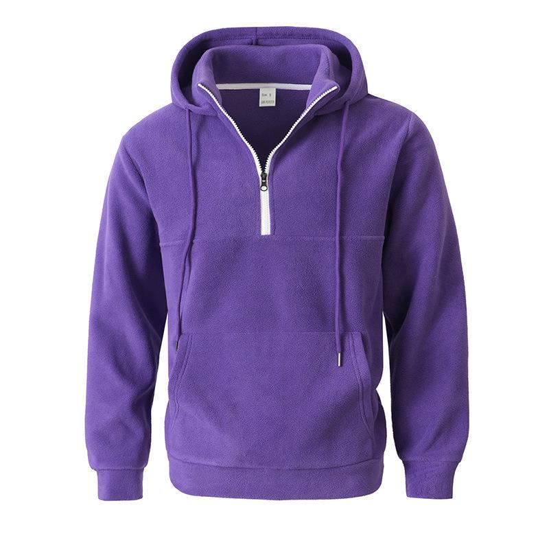 Men's Thick Hooded Sweatshirt, Stand Collar Half-Zip, Long Sleeve, Autumn/Winter, European Size, Casual Style.