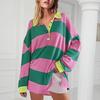 Women Sweatshirt Colorblock Striped Turn-down Collar Long Sleeves Buttons Loose Pullover Top Casual Homewear