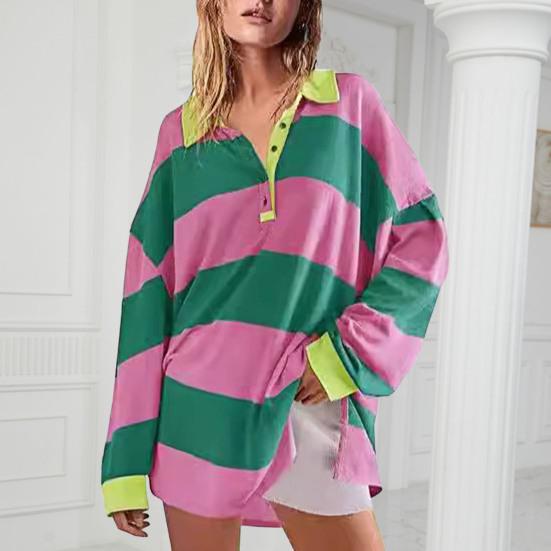 Женская толстовка с цветными блоками, в полоску, с отложным воротником, длинными рукавами, на пуговицах, свободный пуловер, повседневная домашняя одежда