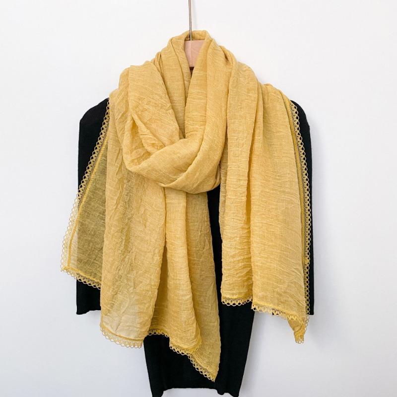 Spring New Lace Pleated Literary Yarn Thin Scarf, Women's Solid Color Cotton and Linen Silk Scarf, Neck Protection Scarf