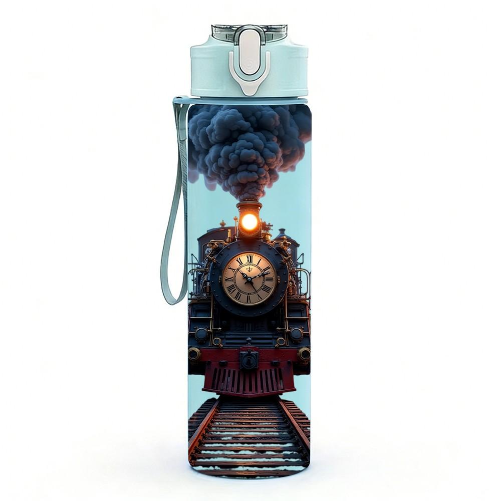 1PC Vintage Steam Train Locomotive Print 750ml Color Plastic Sports Water Bottle Leakproof Flip Straw Lid Suitable for Sports Office Home Use