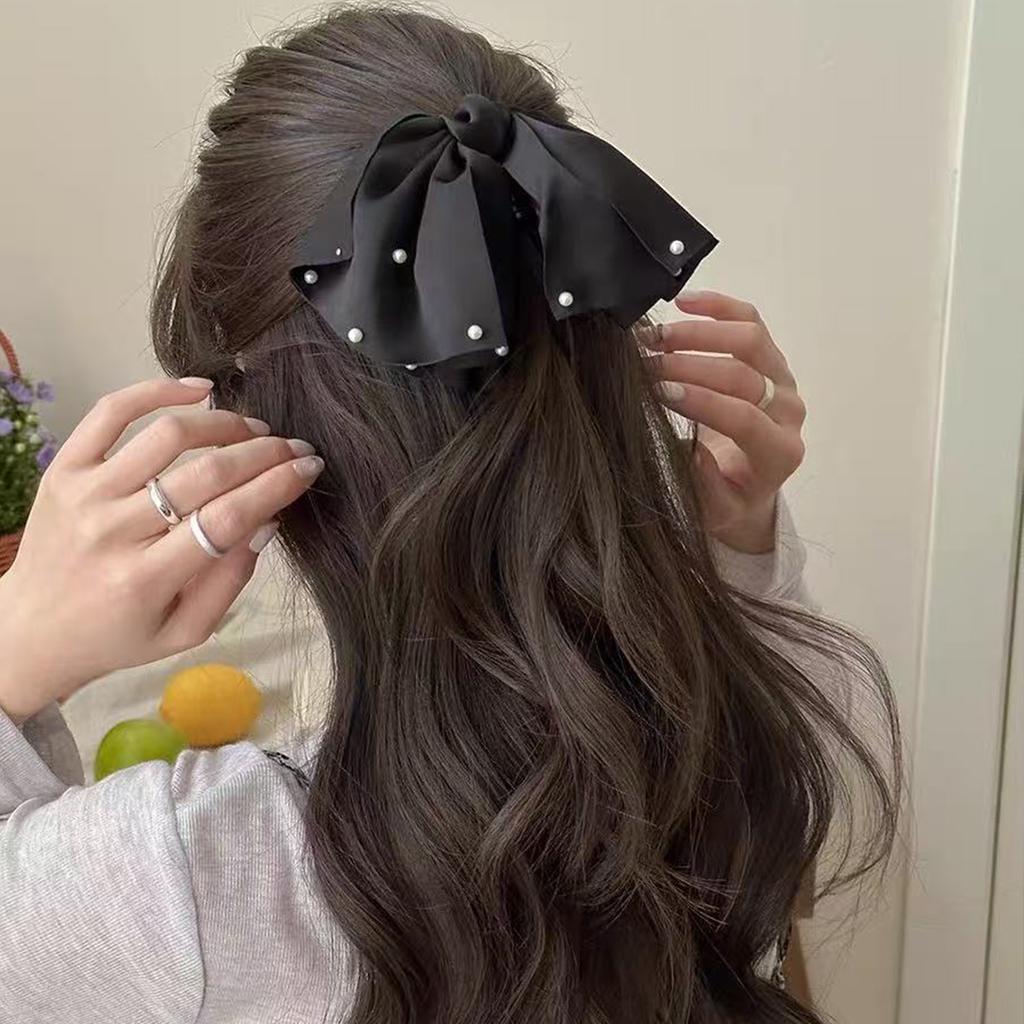 1pc French Elegant Beaded Bow Grab Clip Simple and Fashion Hair Grip Half Tied Back of The Head Pan Hair Clip Hair Ornament