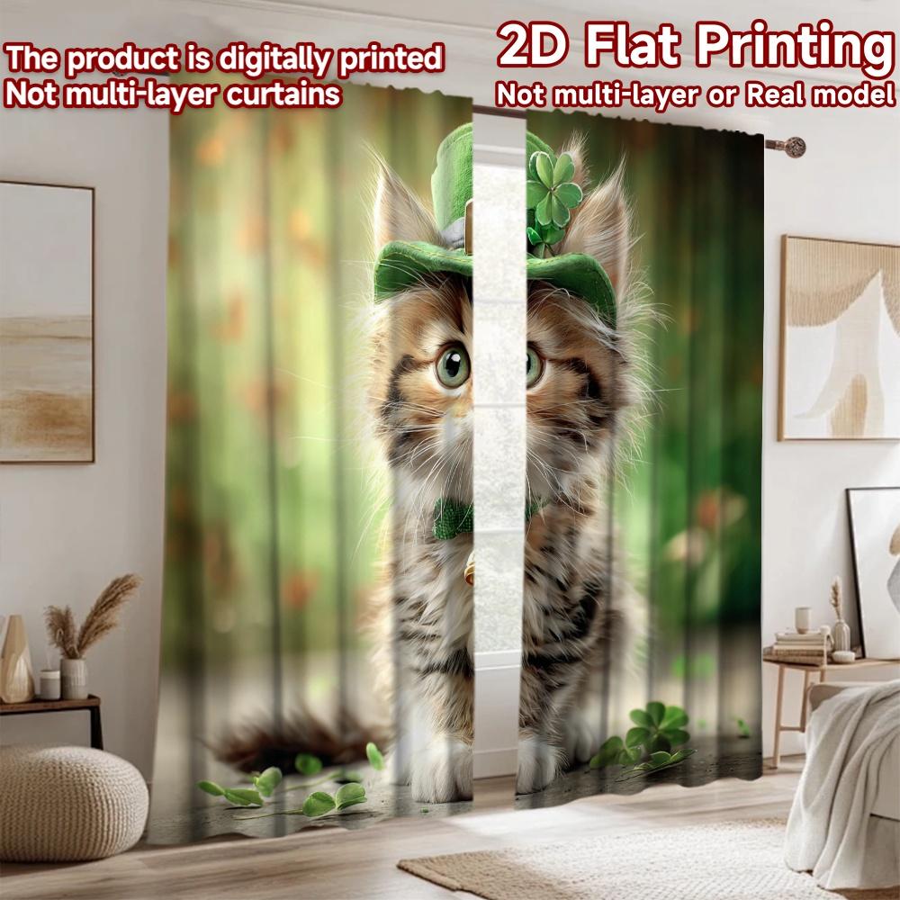 2D flat printing 2pcs Party Curtain Cute Cat Shamrock Hat Digital Printed Polyester Drapes Family Party Decoration Use for