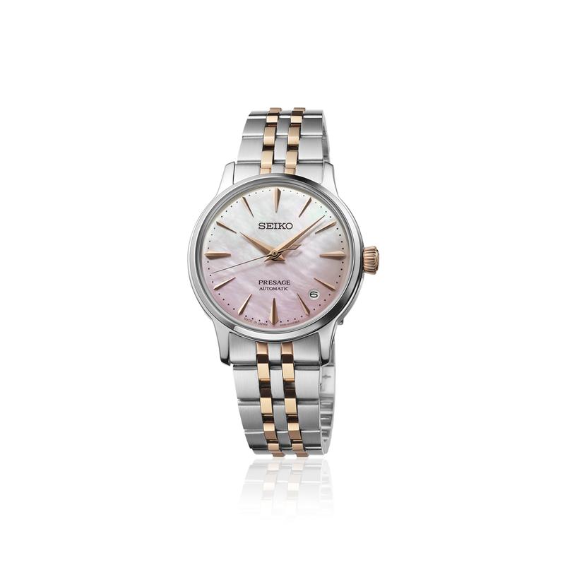 Seiko Серия Presage, водозащита 50 метров, автоматический/ручной механический механизм, стальной браслет, 34 мм, женские часы, розовый циферблат, SRPM06
