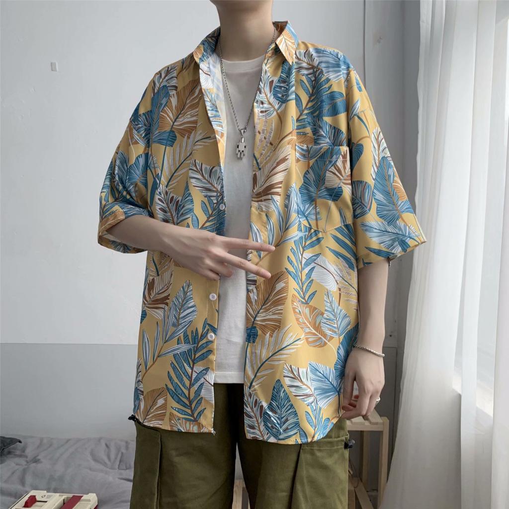 Hawaiian Men's Casual Flower Shirt Hong Kong Style Retro Beach Shirt Floral Couple Flower Shirt Short Sleeve Men