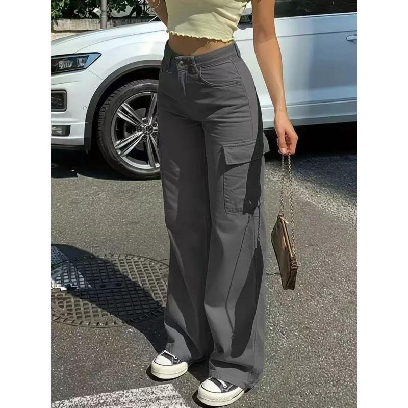 Весенняя мода Прямые джинсы Повседневные С высокой талией Инс Уличные Карманы Рабочая одежда Свободные брюки