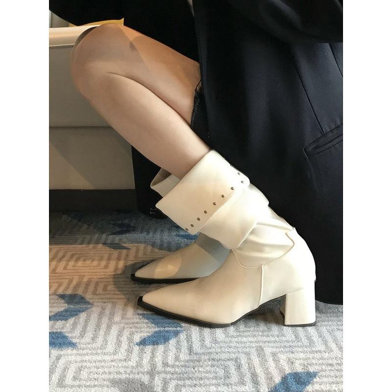 Full of Personality! Pleated Stacked Boots Are Popular This Year, White Rivet Pointed Thick Heel Medium Tube Fashion Boots