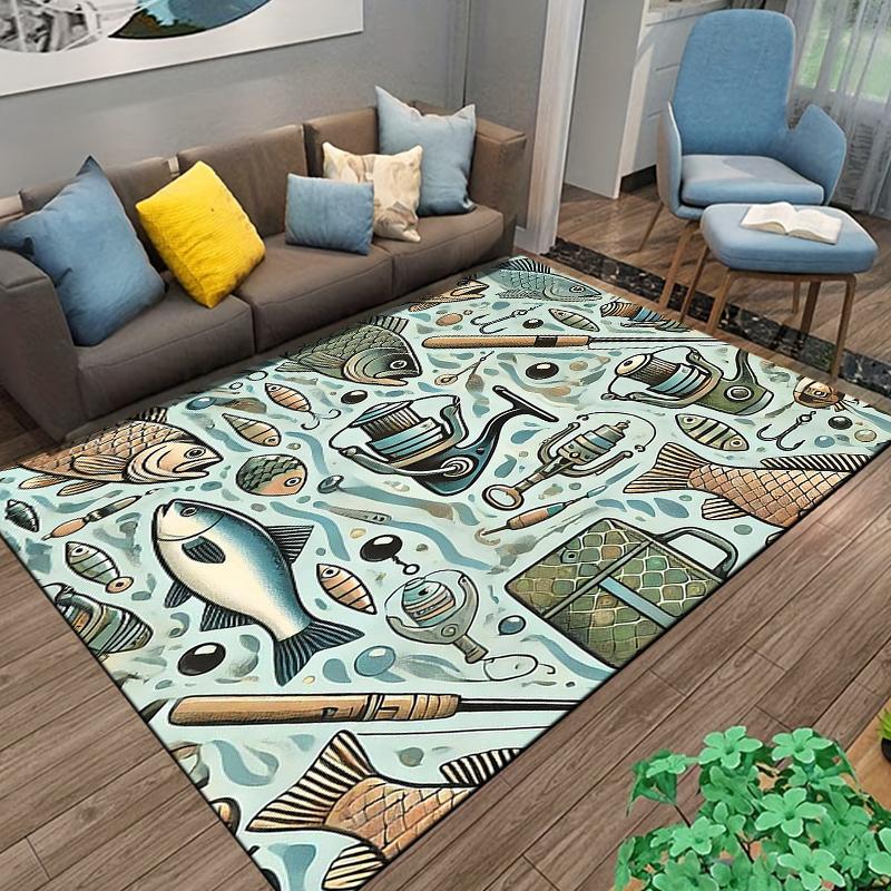 Light Blue Area Rug Fishing Rods Reels Fish Tackle Vintage Pattern Carpet for Living Room Man Cave Decor