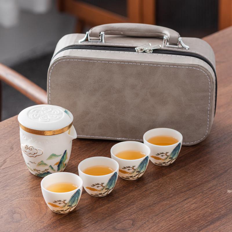 High-end Hand-painted Suet Jade Porcelain Travel Tea Set, One Pot and Four Cups of Boutique Teapot Teacup Outdoor Portable Gifts