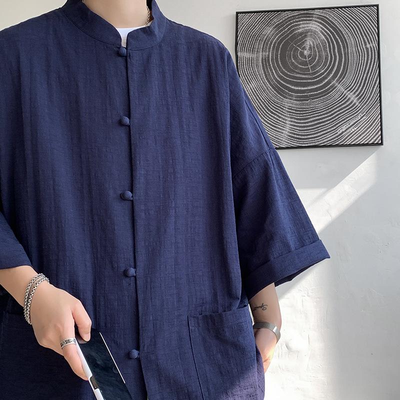 Мужская рубашка в японском стиле из хлопка и льна в стиле ретро, летние рукава с пятью точками, большие размеры, китайский национальный тренд