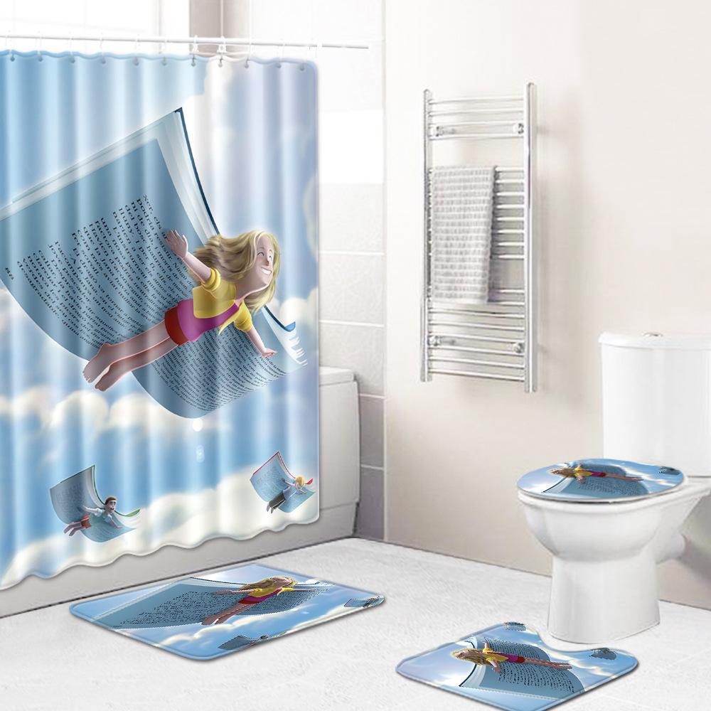 Fashion Textured Bathroom Shower Curtain Floor Mat Toilet Cover Foot Mat Four-Piece Set
