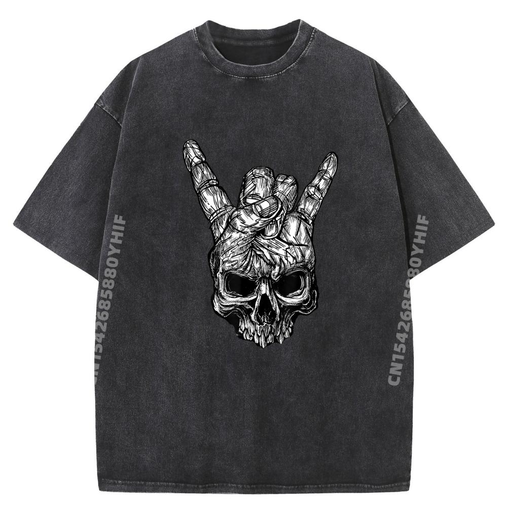 Skull Hand Heavy Skull Devil Horn Hand Sign Thanksgiving Christmas Gothmas Washed Tops T Shirt Tops & Tee
