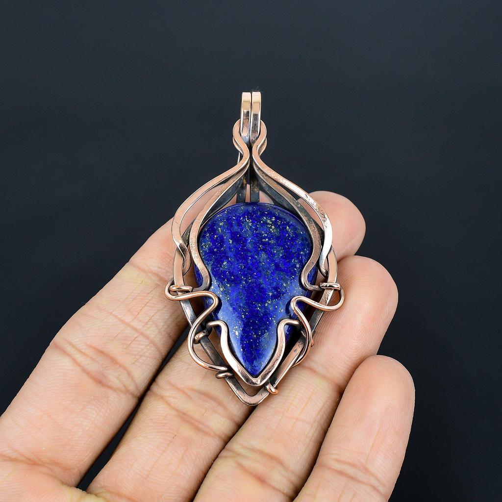 Подвеска из лазурита, ювелирное изделие из драгоценного камня ручной работы, подвеска, обернутая медной проволокой 999 пробы, ювелирная подвеска уникального дизайна