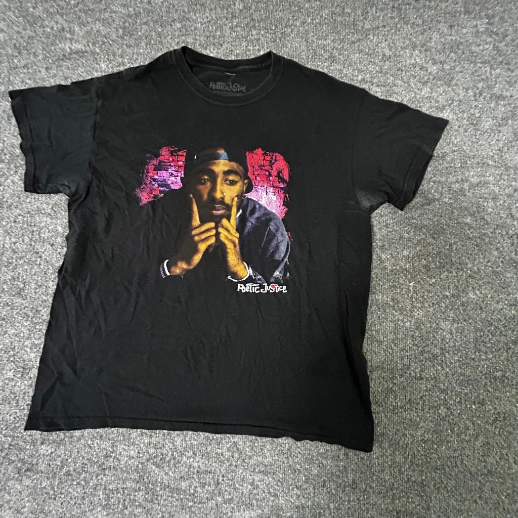 Poetic Justice T-Shirt Mens Size L Black Tupac Graphic Short Sleeve Rap Tee Flaw