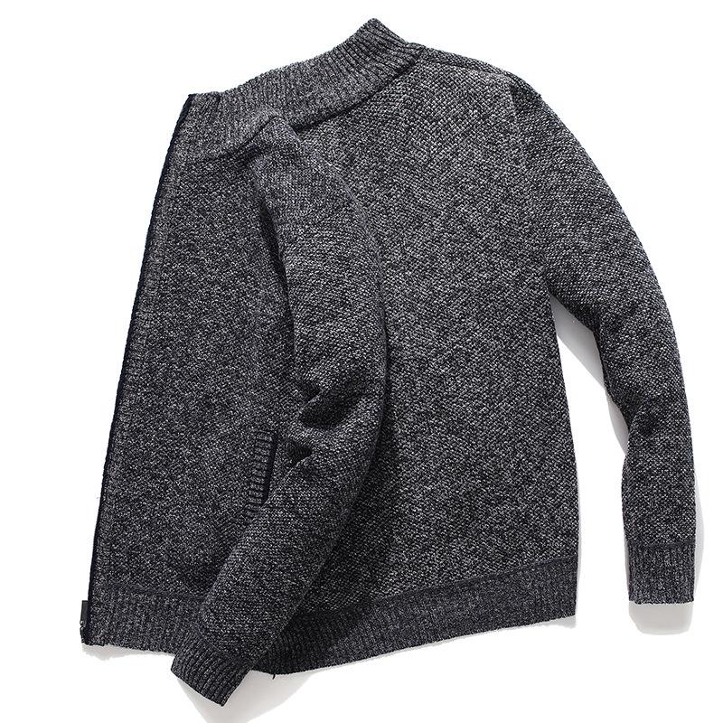 Men's Autumn/Winter Plus Velvet Zipper Knitted Cardigan Jacket with Stand Collar and Solid Color
