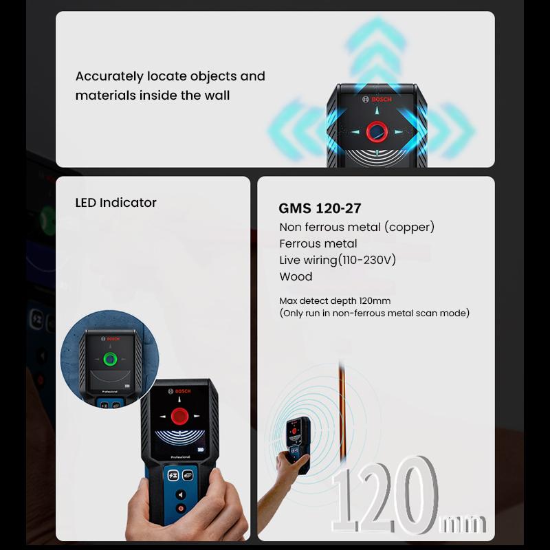 Bosch GMS 120-27 Digital Wall-Scanner with Modes for Wood Metal Live Wire Professional Wall Detector Stud Finder