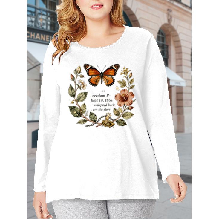 Plus-size women's clothing with vintage floral and butterfly prints T Shirt - Round-neck long-sleeve casual style for spring, summer, and