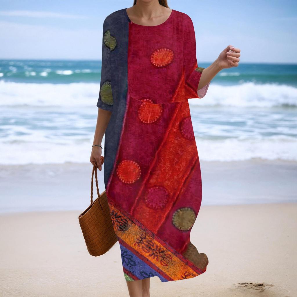 Женское модное платье свободного кроя с принтом, круглым вырезом и рукавом три четверти