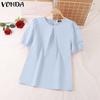 Women Casual Round Neck Puff Short Sleeve Pleated Solid Color Loose Blouses