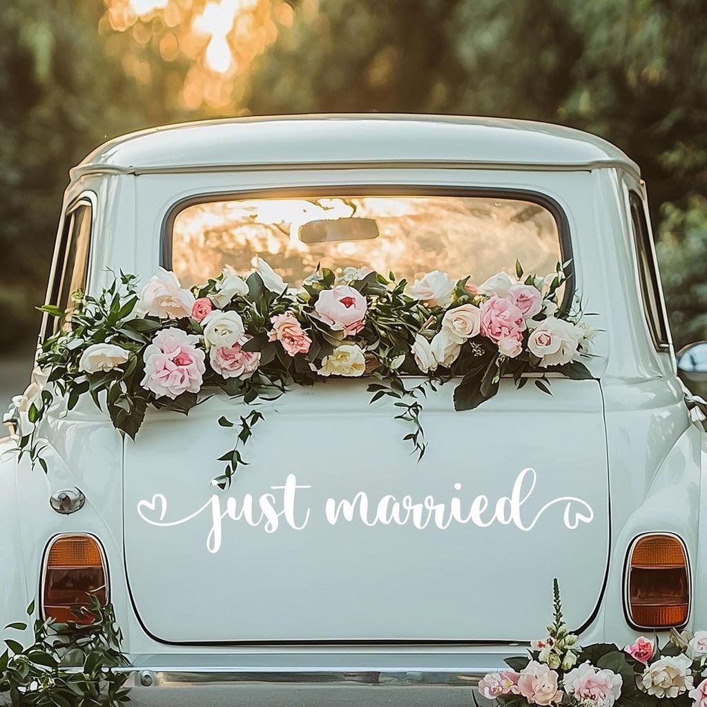 Just Married Car Vinyl Decal for Window Wedding Car Decal Wedding Vehicle Sticker Car Decal Heart Bird Sticker for Newly Weds 28x5.2 in