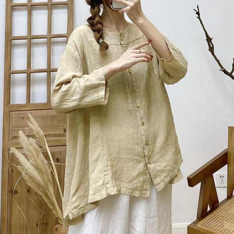 Johnature Винтажные льняные женские рубашки нестандартной формы, летние однобортные однотонные свободные блузки с рукавами три четверти