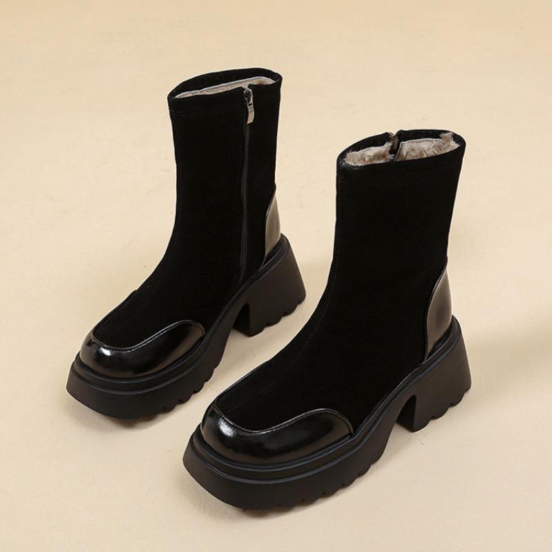 Platform Ankle Snow Boots Women High Heels Plush Leather Shoes Winter Warm Casual Shoes 2025 Trend Goth Chelsea Cozy Botas Mujer