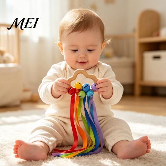 Wooden Cloud Rattle Baby Toy, Shape Teether Grasping Toy with Colorful Ribbons, Sensory Bell for Newborn, Infant Shaker Visual Auditory Development