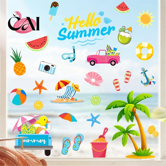 Creative Summer Gift Ideas 2Pcs Hello Beach Window Clings, Tropical Hawaiian Coconut Tree Flamingo Easy Peel Stick Wall Art Stickers